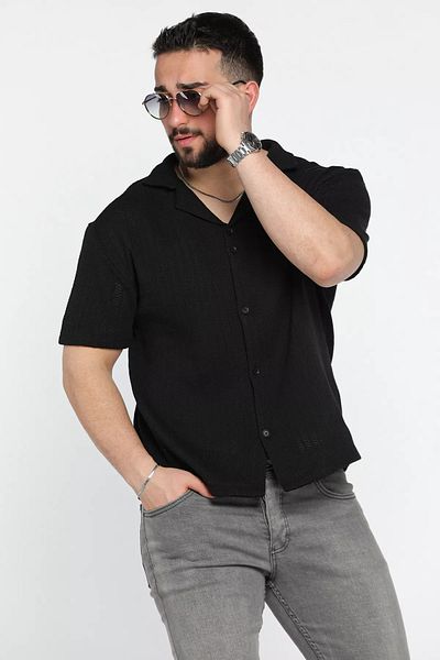 MİSHAR İTALİA Μαύρο ανδρικό πουκάμισο με ανοιχτό γιακά