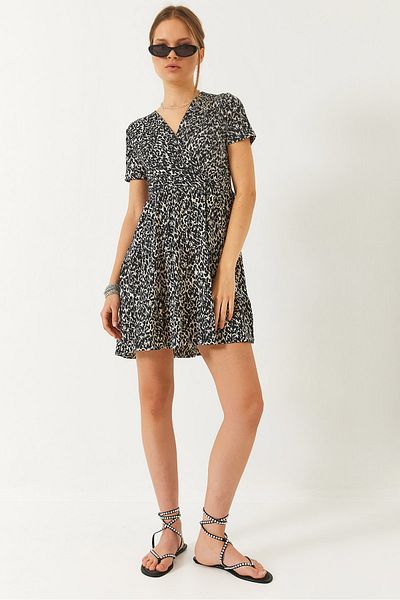 Bianco Lucci Women's Double Breasted Neck Pattern Short Sleeve Mini Dress 60261470