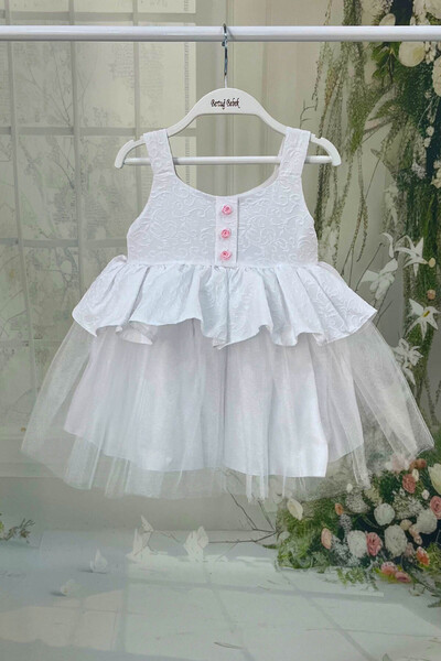 Bertuğ Bebek فستان بناتي من الديباج والتول باللون الأبيض