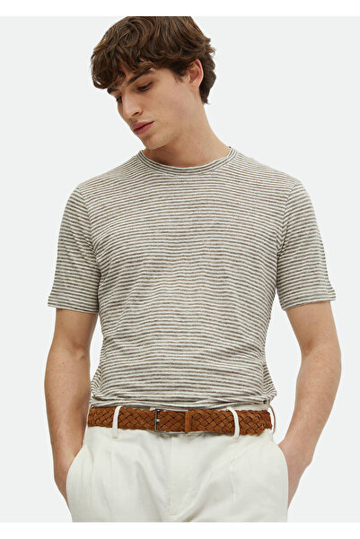 Ramsey T-Shirt με λαιμόκοψη 100% λινό καφέ ριγέ