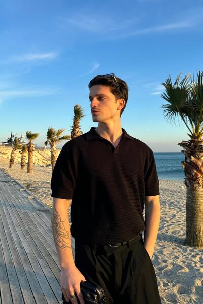 Flaw Wear δαντελωτή πλέξη Πλεκτό μπλουζάκι με λαιμόκοψη πόλο μαύρο