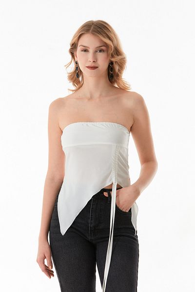 Fulla Moda Asymmetrical Cut Strapless Bustier with Gathered Front and Tie Back