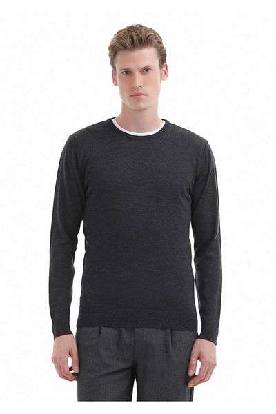 Ramsey Πλεκτό από μαλλί Anthracite Crew Neck - 100% Απλό Πλεκτό