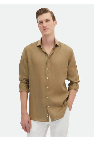Ramsey Πουκάμισο από 100% λινό υφαντό casual ελεύθερου τύπου Khaki Plain