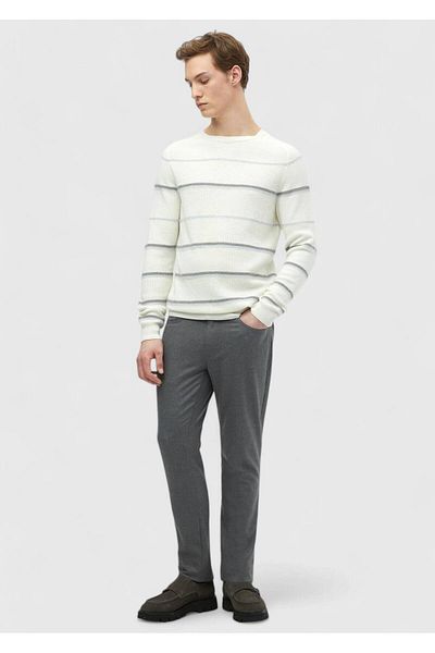 Ramsey Ecru Crew Neck Striped Wool Blended Knitwear