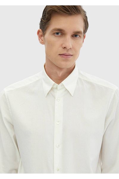 Ramsey Ecru Plain Casual Fit Υφαντό Casual Βαμβακερό Μικτό Πουκάμισο