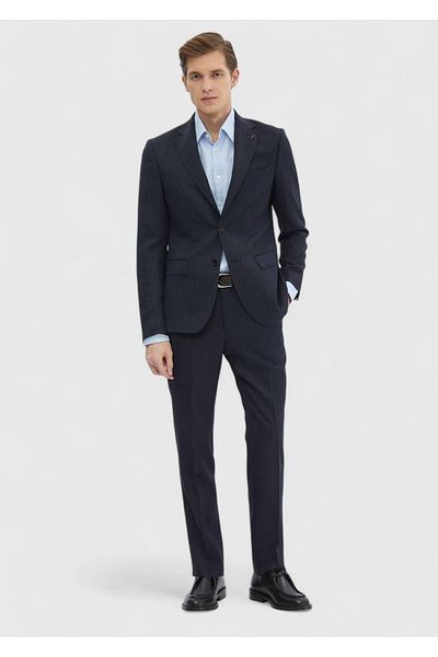 Ramsey Navy Blue Print Zeroweight Slim Fit 100% Wool Suit