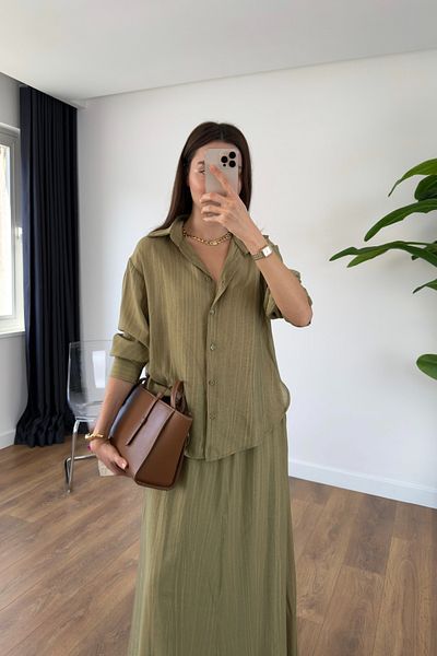 BİRCANÇİL Velanna Khaki Shirt Skirt Set