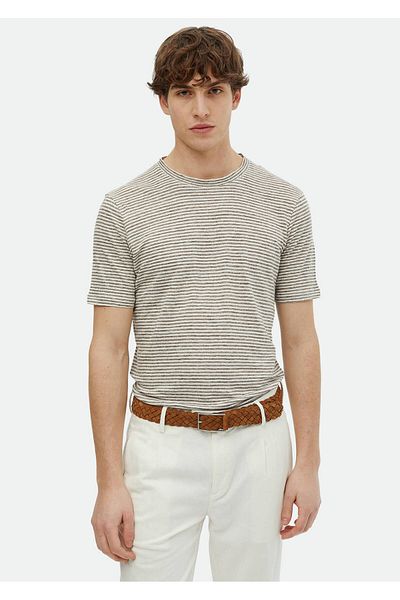 Ramsey T-Shirt με λαιμόκοψη 100% λινό καφέ ριγέ