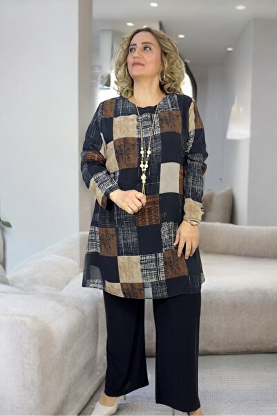 yagmurberen Self-Lined Chiffon Bluz Beli Lastikli Buzzy Fabric Pants Double Suit Black