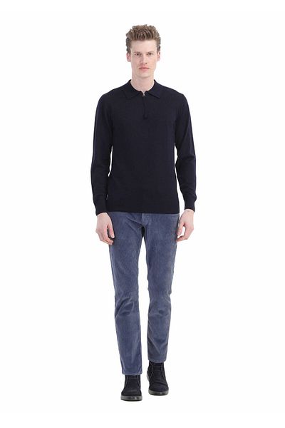 Ramsey Πλεκτό Polo Neck Navy Blue Wool - 100% Απλό Πλεκτό