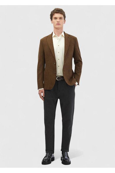 Ramsey Καφέ ίσιο πουκάμισο Shoulder Slim Fit 100% μάλλινο μπουφάν