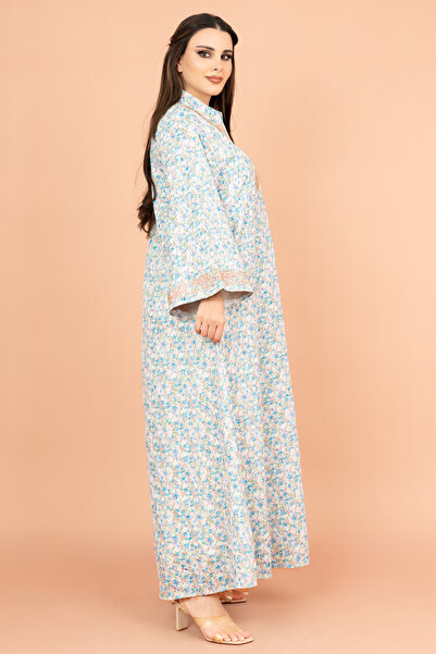 IKKXA Mandarin Collar Embroidered Jalabiya with Printed Pattern