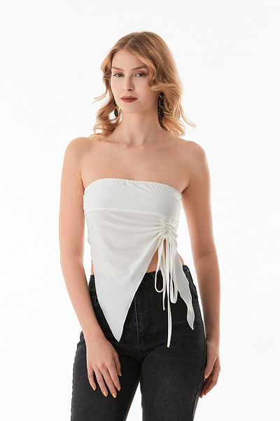 Fulla Moda Asymmetrical Cut Strapless Bustier with Gathered Front and Tie Back