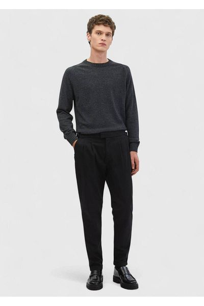 Ramsey Μαύρο ίσιο υφαντό Carrot Fit Casual βαμβακερό παντελόνι
