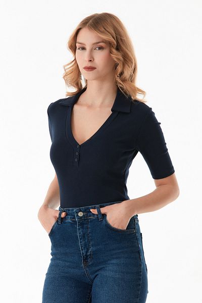 Fulla Moda Μπλούζα Lycra με γιακά Polo με κουμπιά μπροστά