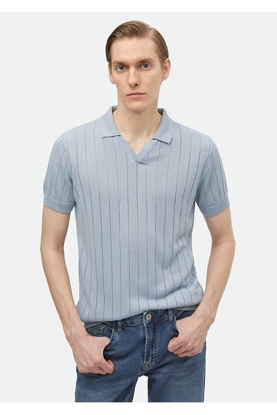 Ramsey Tricotaj jacquard cu gât polo albastru amestecat de in