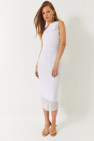 Bianco Lucci Women's Lined Midi Length Tulle Dress with Rose Accessories 60261493