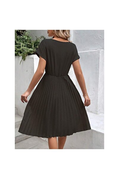 JANES Γυναικείο κοντομάνικο ανοιχτό γιακά ελαστική μέση πλισέ κοντό εισαγόμενο κρεπ φόρεμα