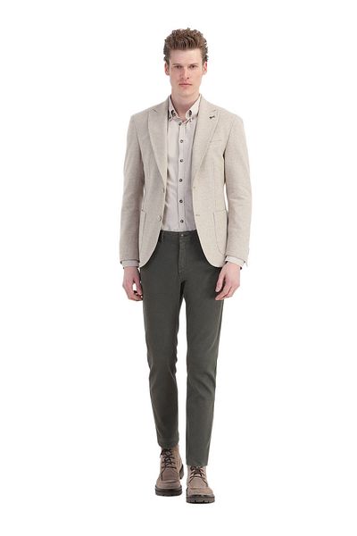 Ramsey Μπεζ Slim Fit Πλεκτό Μπουφάν με Μάλλινο Μείγμα - Σχέδιο Επίπεδο Μπλουζάκι