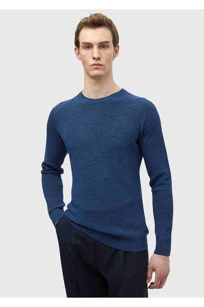 Ramsey Πλεκτό μαλλί ζακάρ με λαιμόκοψη Dark Indigo Crew