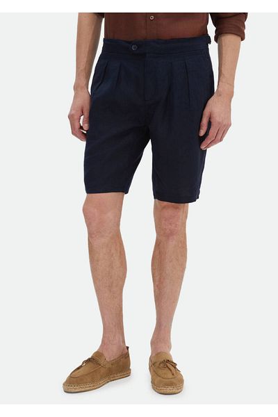 Ramsey Μπλε Navy Casual Λινά Βερμούδες - Απλό υφαντό καρότο