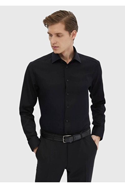 Ramsey Siyah Düz Regular Fit Dokuma Klasik %100 Pamuk Gömlek