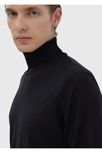 Ramsey Black Full Turtleneck Plain Knit Wool Blended Sweater Sweater