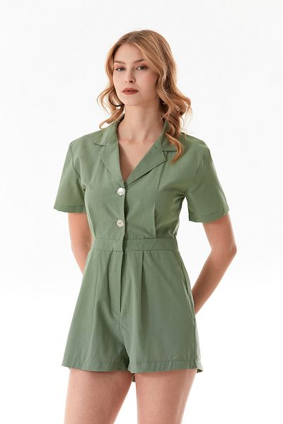 Fulla Moda Buttoned Double Breasted Collar Pocket Shorts Jumpsuit