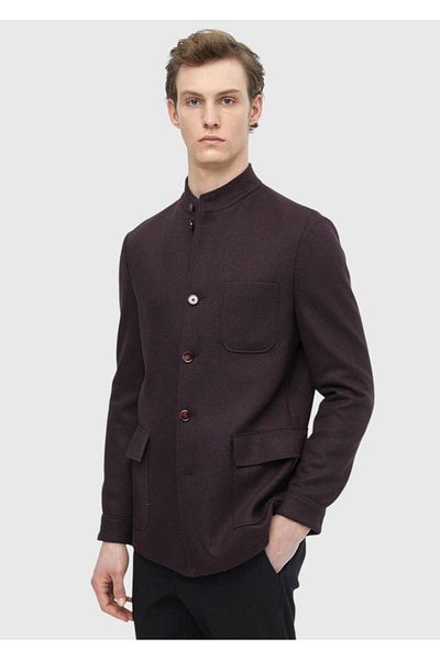 Ramsey Burgundy Plain Shirt Shoulder Slim Fit Wool Blended Knitted Jacket