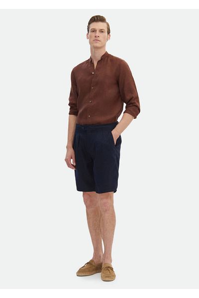 Ramsey Μπλε Navy Casual Λινά Βερμούδες - Απλό υφαντό καρότο
