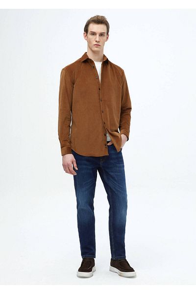 Ramsey Καφέ ίσιο Casual Fit Woven Velvet Casual 100% βαμβακερό πουκάμισο