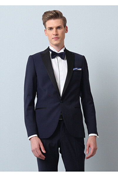 Ramsey Saks Düz Fashion Slim Fit Kruvaze Yaka Dokuma Smokin Takım Elbise