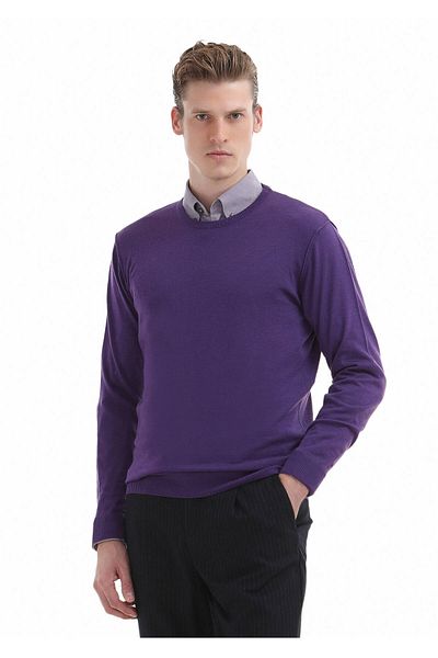 Ramsey Πλεκτό μωβ μαλλί Crew Neck - 100% Πλεκτό Απλό
