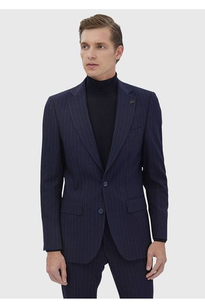 Ramsey Navy Blue Striped Slim Fit Wool Blended Suit - Thin Taller