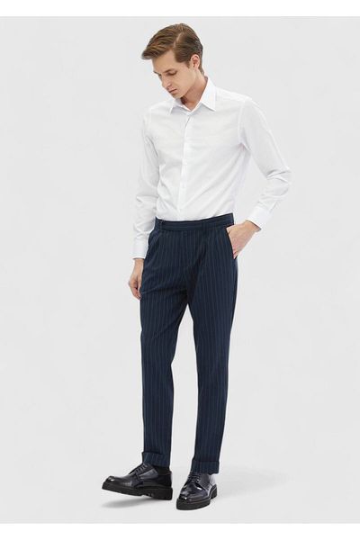 Ramsey Navy Blue Striped Woven Carrot Fit Classic Trousers