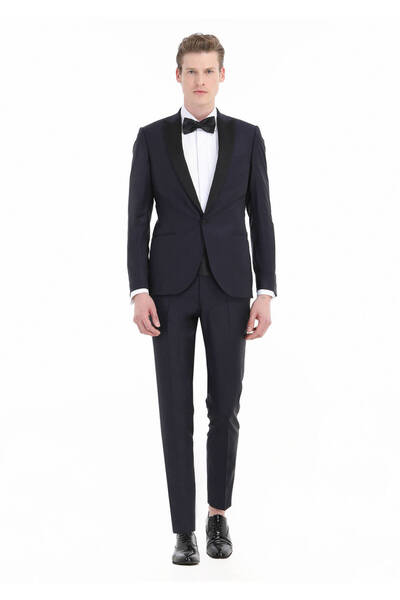 Ramsey Lacivert Düz Fashion Slim Fit Kruvaze Yaka Dokuma Smokin Takım Elbise