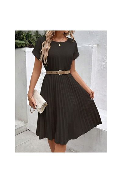 JANES Women's Short Sleeve Open Collar Elastic Waist Pleated Short Imported Crepe Dress