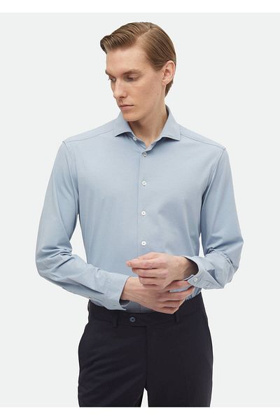 Ramsey Cămașă casual albastră din amestec de bumbac, dreaptă, cu ajustare normală