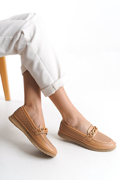 Limeo Women's Beige Chain Detailed Perforated Soft Lightweight Casual Summer Mother Loafer Shoes