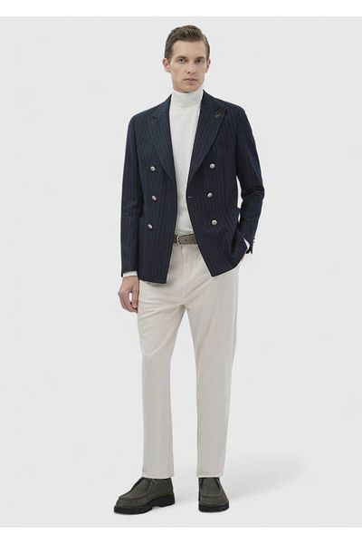 Ramsey Μπλουζάκι με ρίγες Navy Blue Shoulder Slim Fit Μάλλινο Μπουφάν