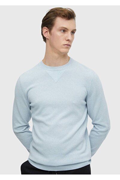 Ramsey Açık Mavi Bisiklet Yaka Düz Örgü Yün Karışımlı Triko Kazak