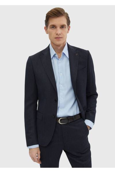 Ramsey Lacivert Desenli Zeroweight Slim Fit %100 Yün Takım Elbise