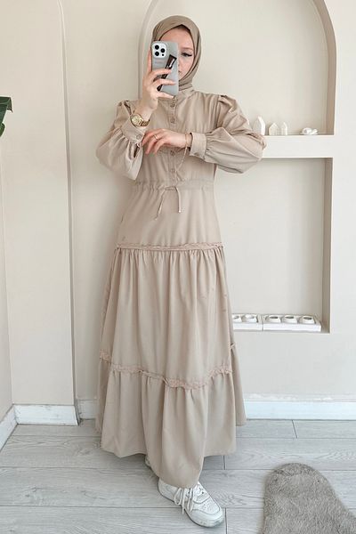 ButikMoor Mo334 Lace Judge Collar Beige Dress
