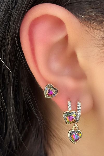 TAKIŞTIR Gold Color Heart Figured Stone Detailed 3-Piece Ysx Earring Set