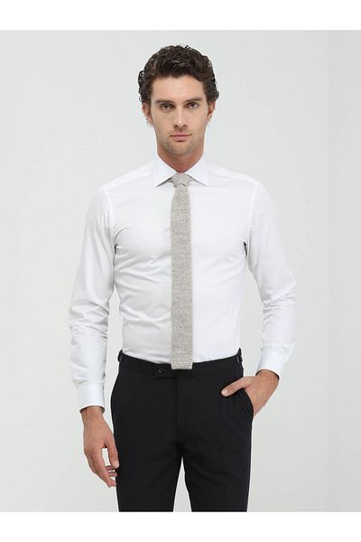 Kip White Plain Slim Fit Woven Classic 100% Cotton Shirt