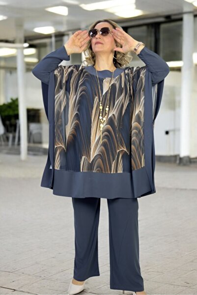 yagmurberen Chiffon Poncho Cap Tunik - Crew Neck Blouse-Buzzy Pants Large Size 3 Lük Suit