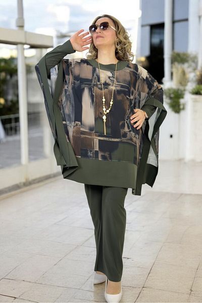 yagmurberen Chiffon Poncho Cap Tunik - Crew Neck Blouse-Buzzy Pants Large Size 3 Lük Suit