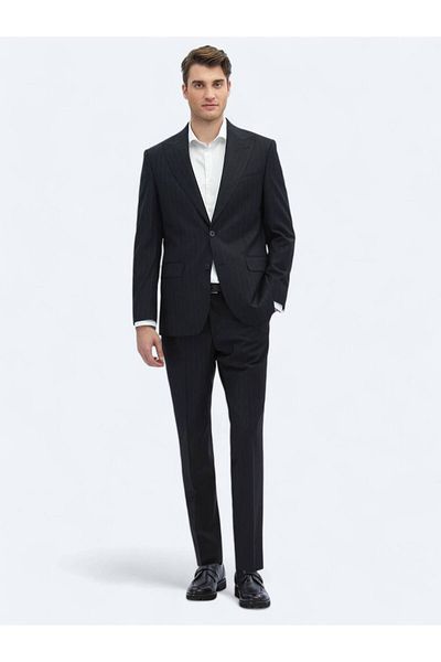 Kip Black Striped Modern Fit Wool Blended Suit