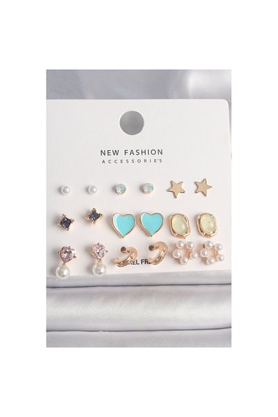 Skygo Brass Gold Color Zircon Stone Pearl Flower Blue Heart Figure 9 Pair Women's Earring Set - Tj-Bkp10180